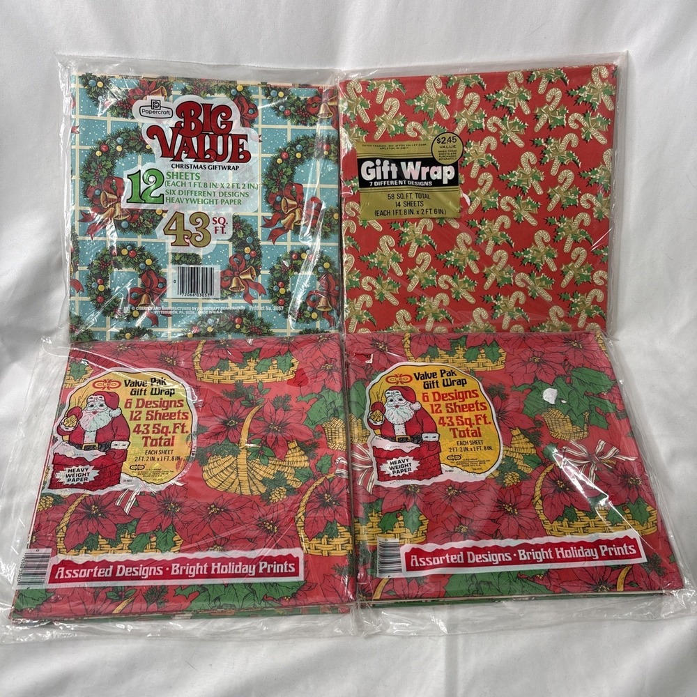 Vtg Lot Of 4 Christmas Wrapping Paper NOS Sealed 187 Sq Ft Total Red Poinsettia